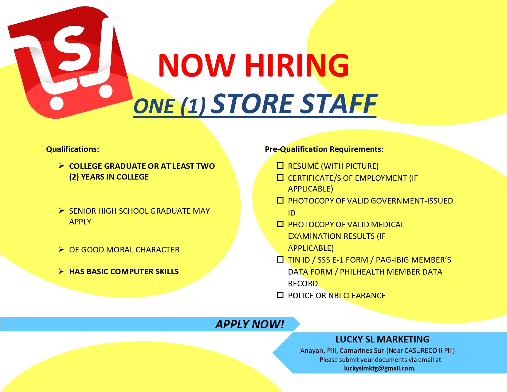 LUCKY SL IS HIRING !! 1 STORE STAFF